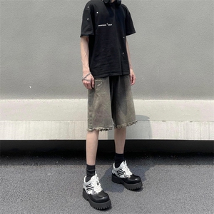 夏季新款美式复古水洗做旧渐变裤子宽松潮牌毛边牛仔五分短裤图片