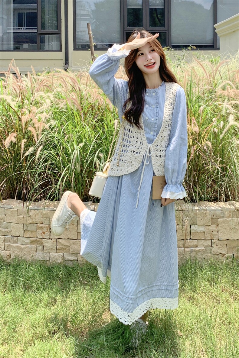 现货蕾丝花边拼接条纹连衣裙马甲套装25083P165K248,女装套装/套裙,2D035