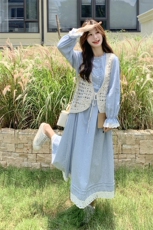 现货蕾丝花边拼接条纹连衣裙马甲套装25083P165K248，女装套装/套裙，2D035