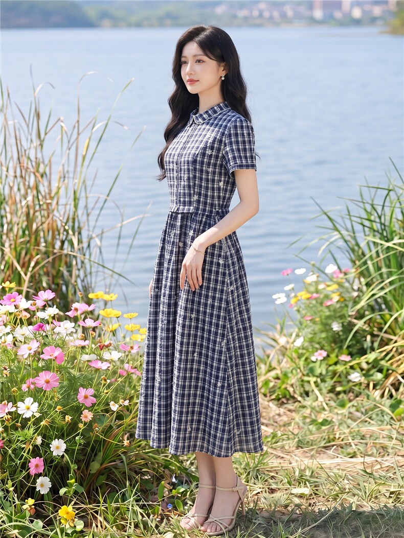 夏季格纹绣花收腰显瘦学院风优雅气质连衣裙,女装连衣裙,水衣源
