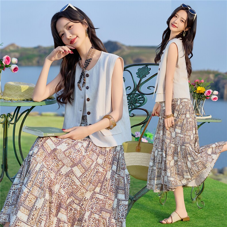 2026夏季新款百搭无袖气质马甲+A字印花半身裙两件套，女装套装/套裙，难舍钰依