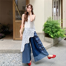 盐系叠穿不规则罩衫套装女2025夏季新款吊带做旧拼接阔腿裤三件套，女装套装/套裙，2C115