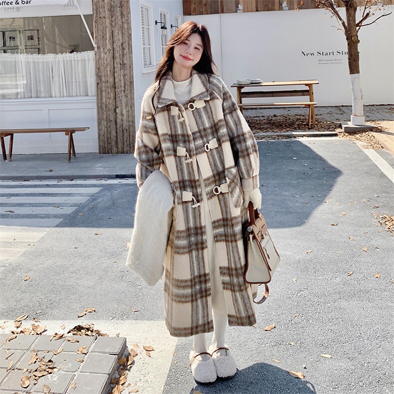 2025年冬季新款夹棉内胆格子长款呢大衣外套203-8821-P205-K308，女装毛呢外套，浪娴服饰