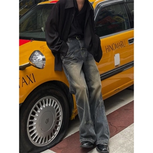 美式街头水洗做旧微喇牛仔裤男春秋直筒宽松欧美高街vibe风长裤子