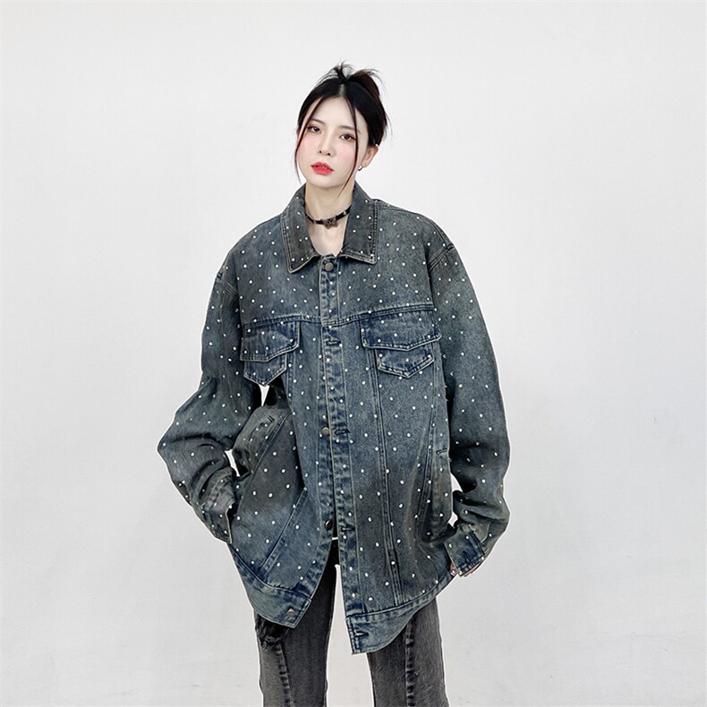 得物秋款欧美嘻哈做旧泼墨满钻牛仔外套潮宽松夹克衫JK3401P110，男装工装外套，星座1013-1