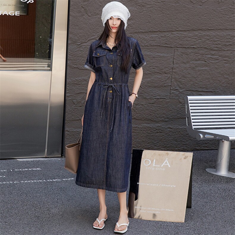 欧洲站2025夏装新款明线设计衬衫牛仔裙女长款薄款天丝牛仔连衣裙，女装连衣裙，跑量工厂店