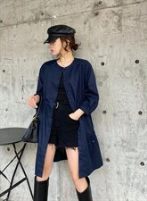 2021秋季新款圆领抽皱式风衣外套连衣裙，女装风衣，微迪菲