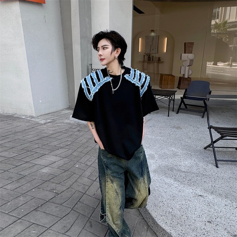 街头感酷帅炸街潮牌短袖oversize情侣解构牛仔毛边设计五分袖T恤,男装T恤,星座506A
