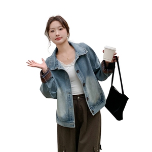 格子拼接牛仔外套女春秋2025新款百搭流行别致独特设计感夹克上衣图片