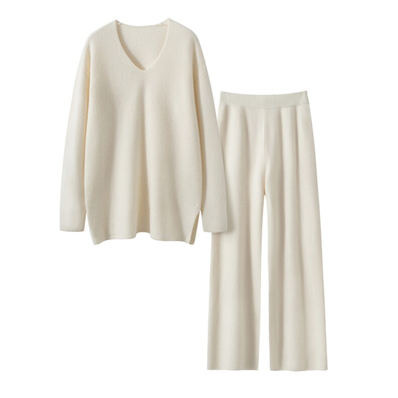 2025春秋新款羊绒衫女100山羊绒V领慵懒风宽松针织衫百搭显瘦上衣，女装套装/套裙，艾森羊绒