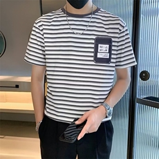 条纹短袖T恤男口袋装饰贴标绣潮流百搭男士透气上衣G33，男装T恤，星座1116A-2（原606A-1）