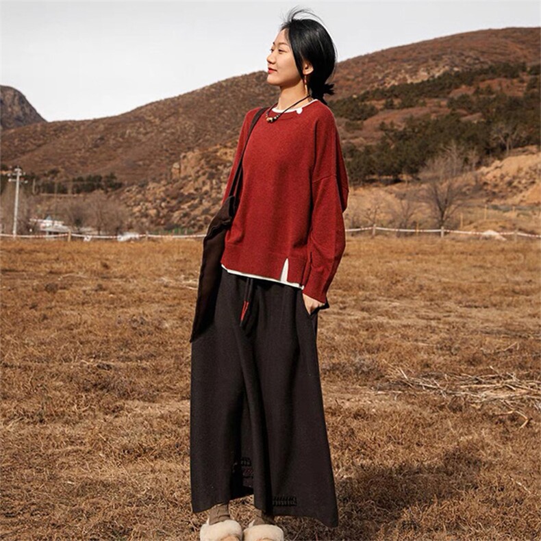 时尚宽松假两件下摆开叉设计羊毛针织毛衣,女装羊毛衫,泰沅羊绒