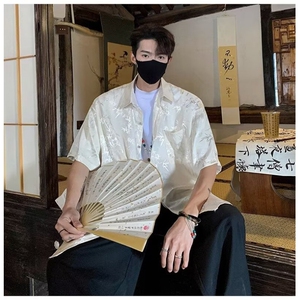 风夏男冰丝短袖衬衫丝绸竹子印花新中式衬衣CS016 P50图片