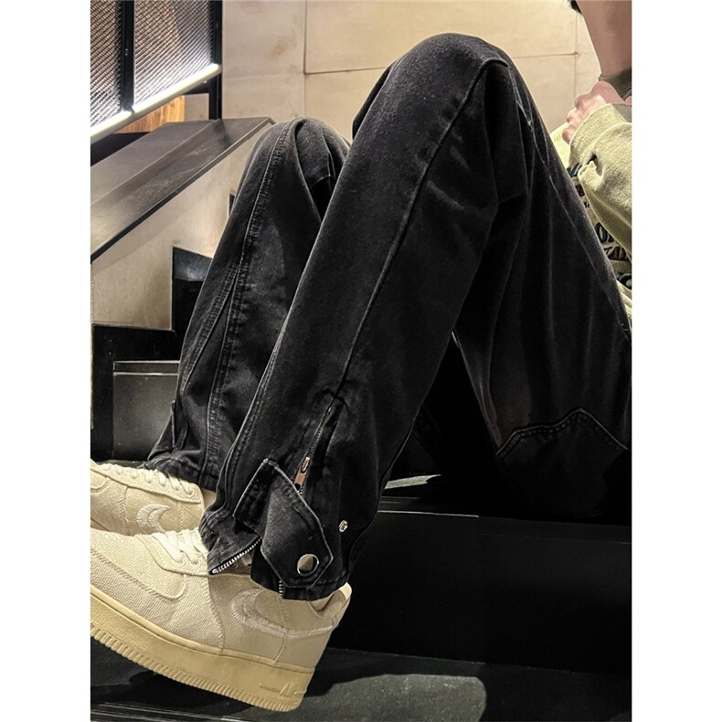 高街牛仔裤男潮牌ins设计感拉链开叉宽松直筒阔腿拖地裤NZG944,男装牛仔裤,星座516A