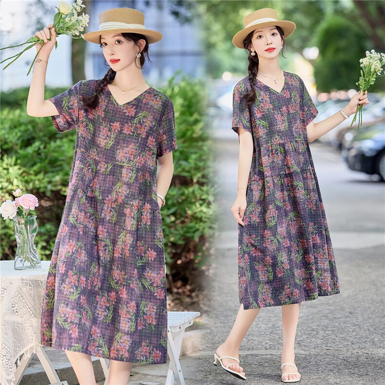 休闲宽松紫色碎花棉麻连衣裙女2026夏季洋气妈妈遮肚显瘦直筒裙子,女装连衣裙,倪叶myz