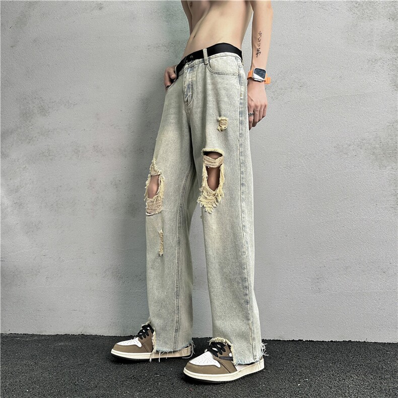 k1019-p50-控78 M-5XL 现货oversize cleanfit显瘦黄泥牛仔裤破洞图片