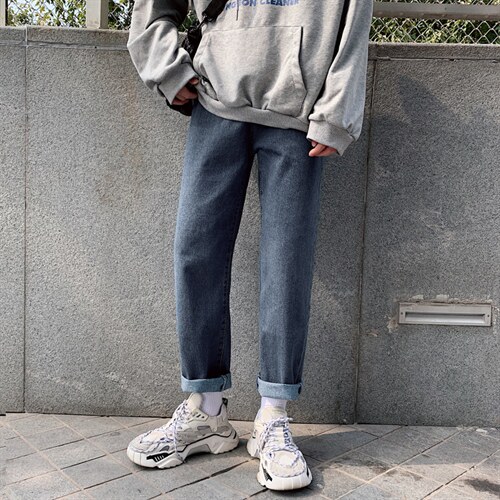 新款港风简约百搭直筒牛仔裤男潮流休闲宽松男女毛边阔腿k68-p35图片