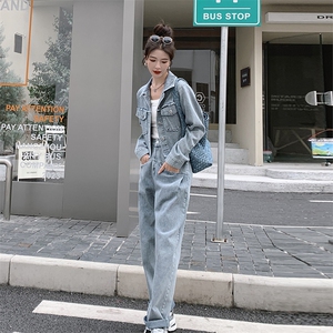 春季新款牛仔时尚两件套女 宽松显瘦气质外套+阔腿裤套装图片