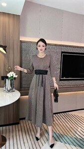 千鸟格撞色腰带连衣裙,女装连衣裙,迪蔓君翔