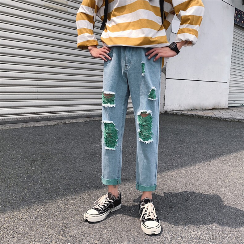19夏装绿色破洞休闲牛仔裤chic韩版潮流九分裤N/,男装牛仔裤,电商D202