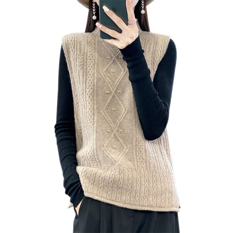 25秋冬新款半高领提花100%纯羊毛马甲女无袖开叉背心宽松羊绒坎肩,女装马甲,德晨羊绒