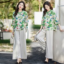 夏季新款简约气质圆领时尚图案印花复古盘扣装饰棉麻两件套，女装套装/套裙，贵人树