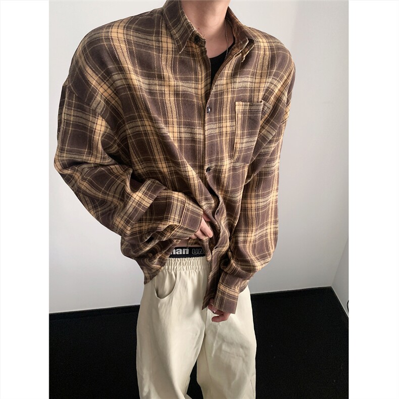 现货~格子大码长袖衬衫C5882/特P23咖啡色,男装衬衫,电商A094