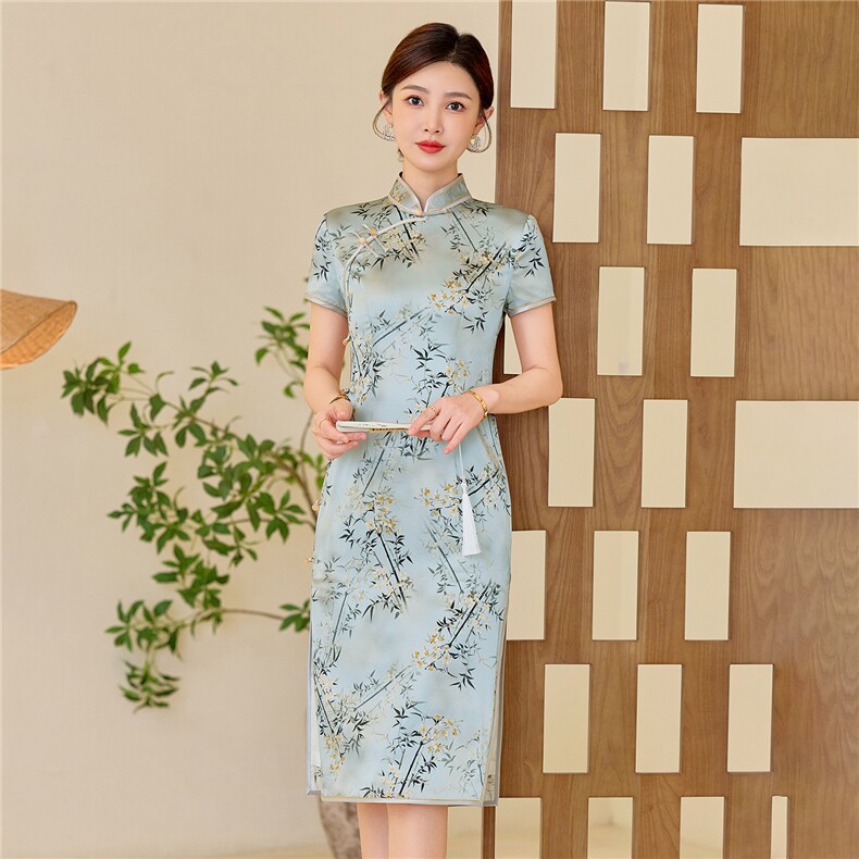 杭州品质真丝中长裙考试专用节节高女春夏日常修身潮流真丝旗袍,女装汉服/婚纱/旗袍/礼服,小荷流