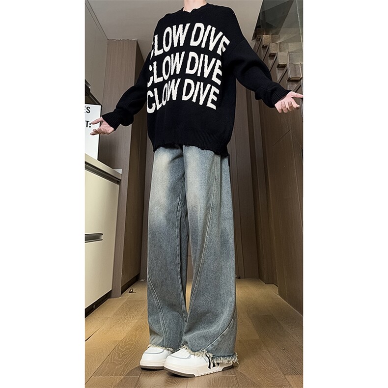 现货直筒渐变休闲裤女宽松复古蓝毛边牛仔裤男K5825-P55控78,男装休闲裤,星座205