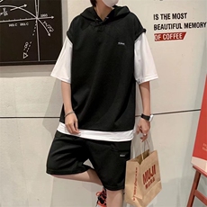 华夫格短袖夏季套装男士假两件青少年帅气连帽运动休闲薄款一套，男装休闲套装，星座410-6（原星座1304-1）