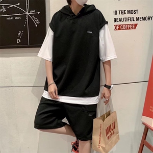 华夫格短袖夏季套装男士假两件青少年帅气连帽运动休闲薄款一套图片