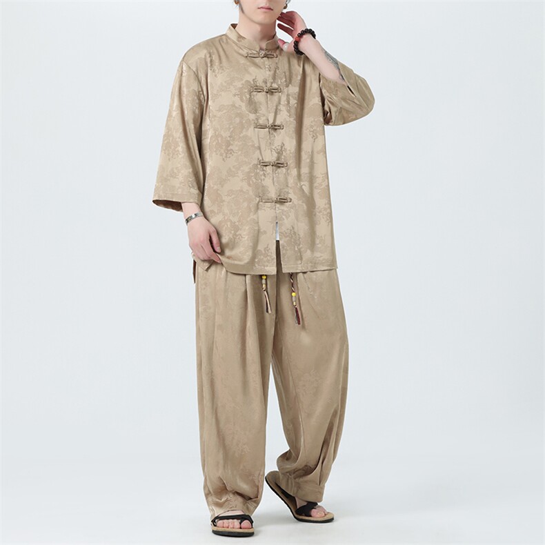 夏季新中式七分袖衬衫休闲裤子套装风男士上衣TZ100-P110,男装T恤,电商A008
