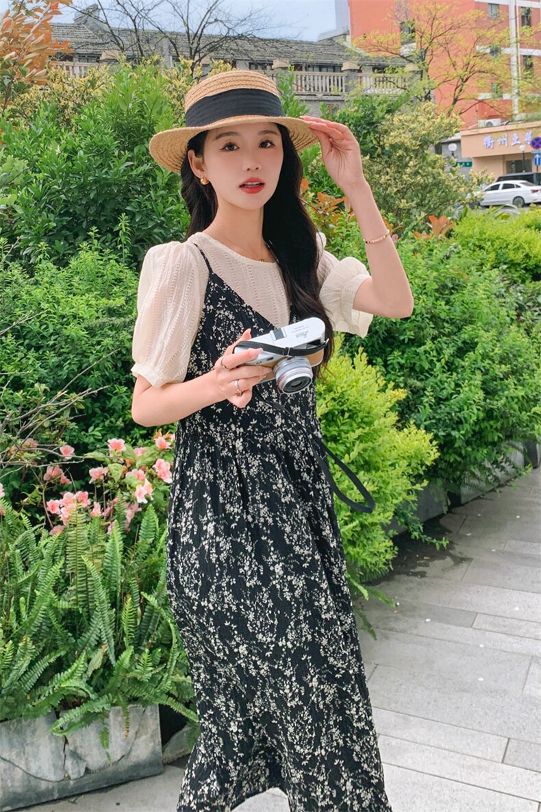 法式复古吊带连衣裙女夏季2025新款气质雪纺碎花长裙子,女装连衣裙,帛香坊