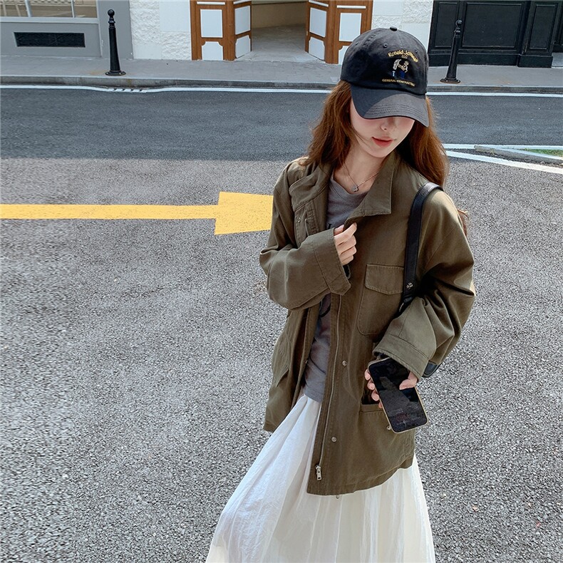 【新款】军绿色工装风衣外套D2145-Y8826-P175-控258,女装短外套,2D145