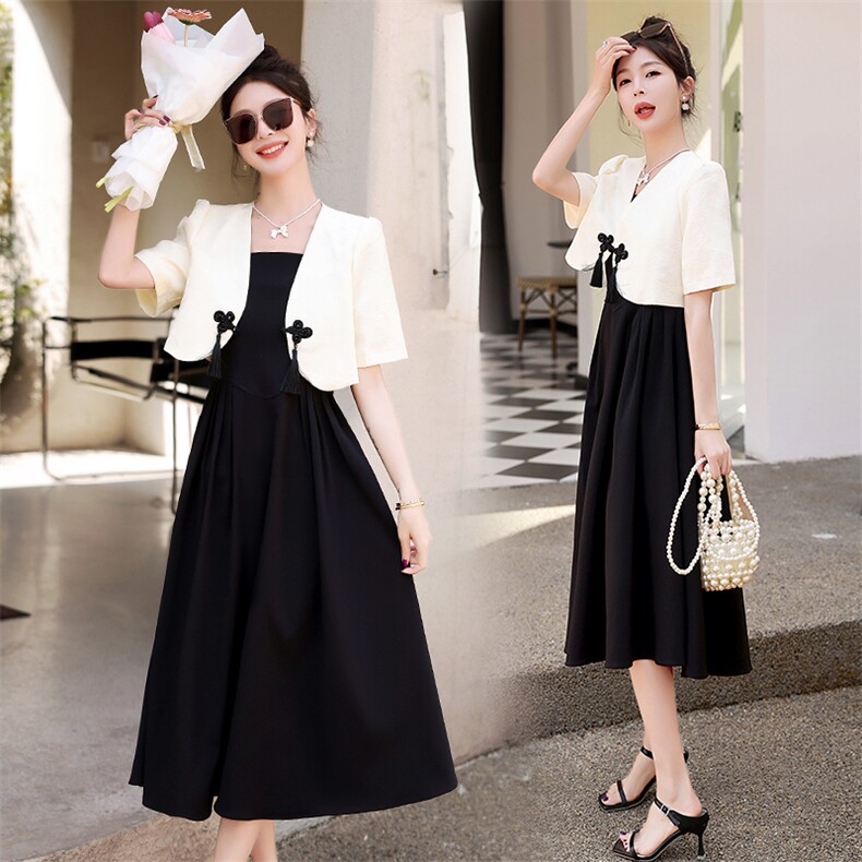 新中式小香风白色西装吊带裙时尚复古气质名媛显瘦秋装，女装连衣裙，丽美静依