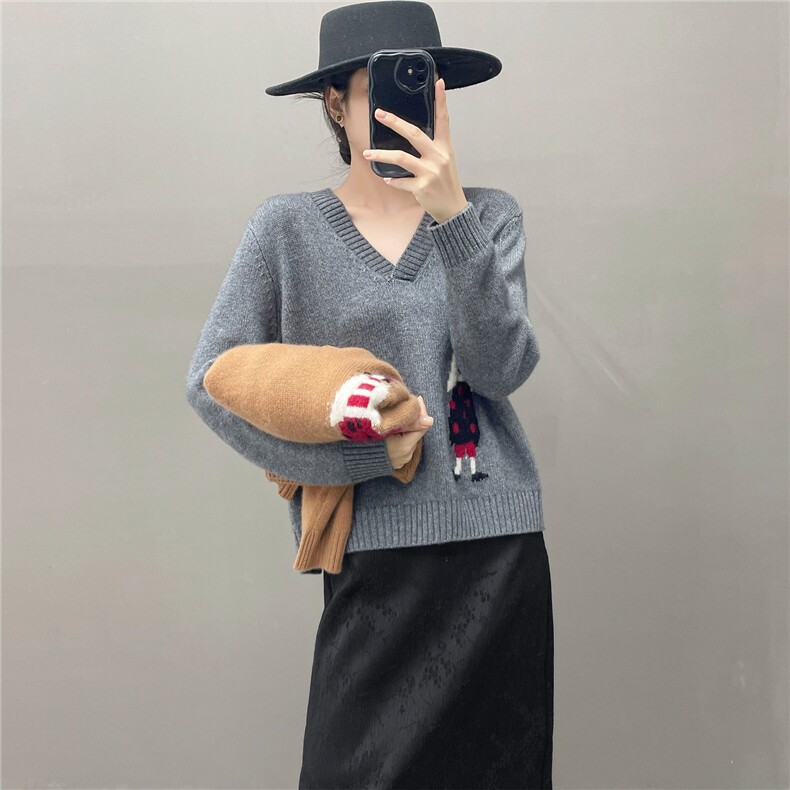 HE|我们不一样加厚点baby山羊绒衫女V领宽松针织衫慵懒风毛衣,针织衫/毛衣,国旺羊绒