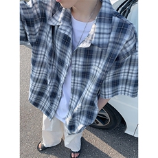 特批P30无差价夏季刺绣格子衬衫男宽松休闲短袖衬衫外套CD5512，男装衬衫，电商A001
