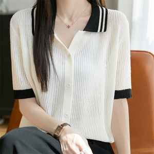 夏新款女士撞色翻领短袖开衫时尚薄款半袖Polo衫休闲夏装内搭上衣图片