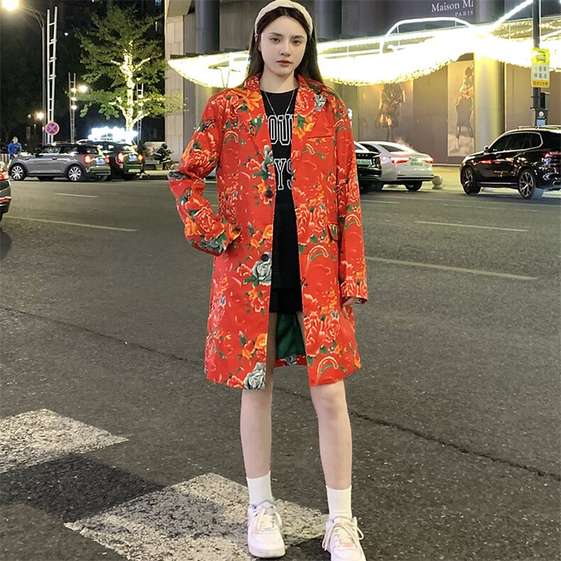 Y001男女中长款休闲风衣外套东北大花帅气外衣潮大码新中式表演出，男装风衣，星座115A(原星座507）