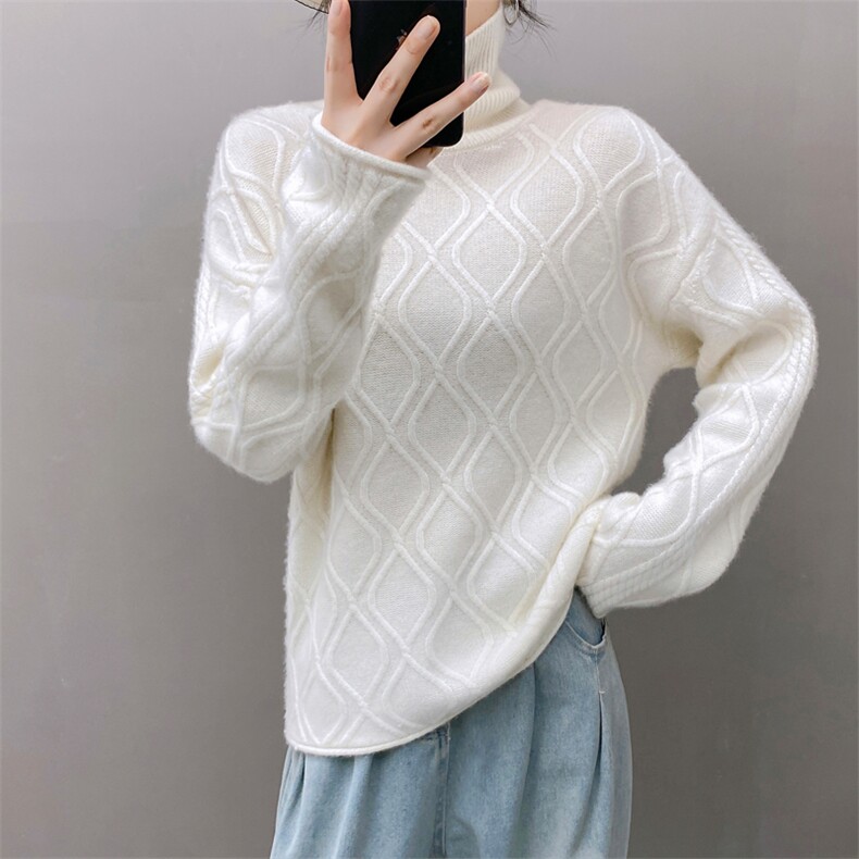 重磅秋冬软糯纯山羊绒衫女毛衣高领加厚扭花宽松套头针织打底衫,女装羊绒衫,织绒羊
