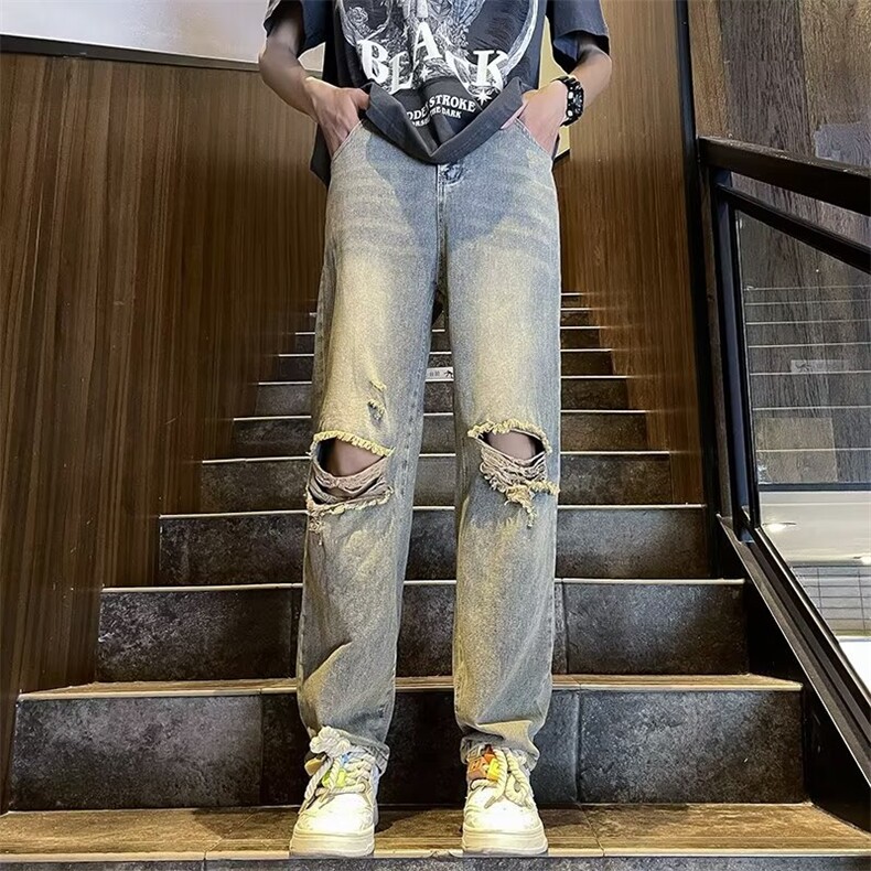 膝盖破洞牛仔裤男款美式复古黄泥色裤子NA03P40,男装牛仔裤,星座1116-2