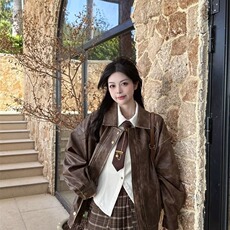 简约皮衣外套男女2026年春季新款复古港风宽松上衣皮夹克情侣装，男装夹克，星座506A
