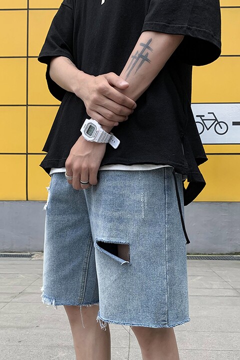 现货夏季男士韩版宽松破洞牛仔短裤港风五分裤子薄款-D,男装牛仔裤,星座1008