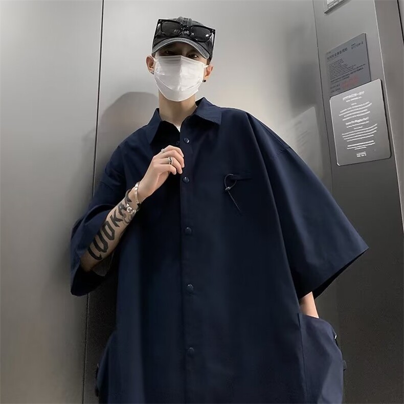 侧边大口袋工装衬衣男原宿风慵懒ins穿搭半袖衬衫外套TQ36-P33,男装衬衫,星座1109-3