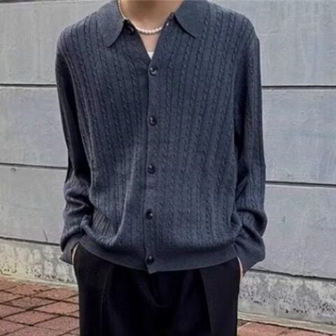 先生简约宽松韩版纯色翻领针织衫条纹半拉链慵懒风男毛衣polo衫图片