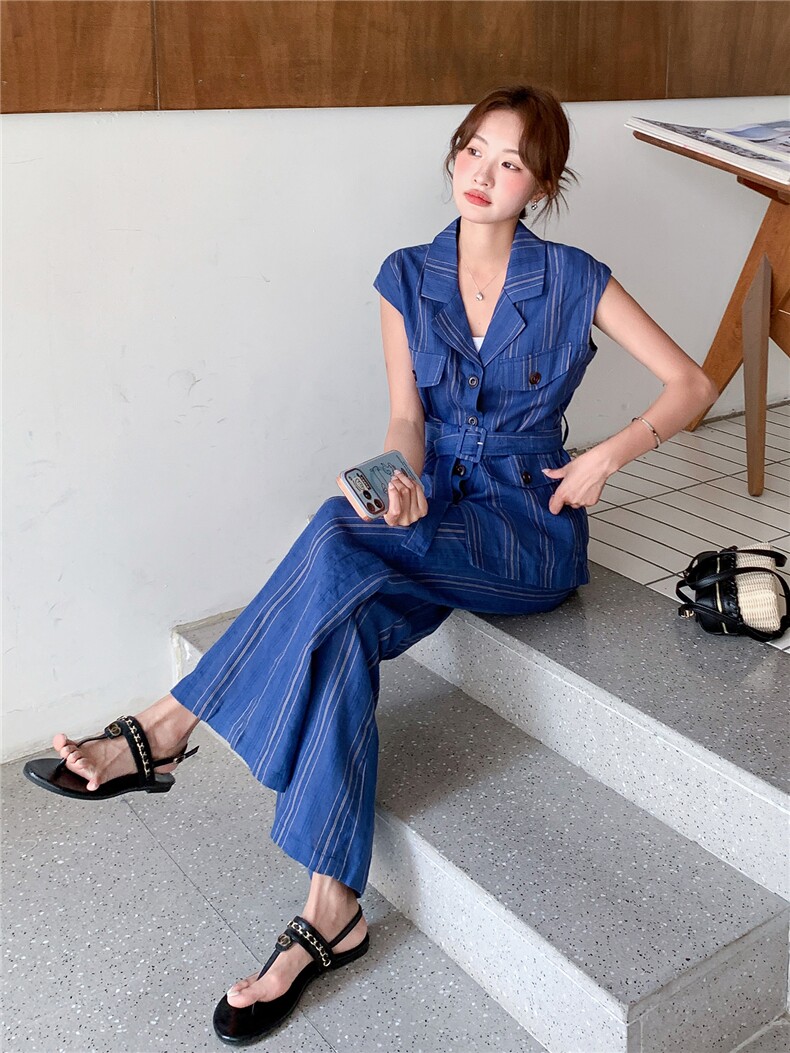 《现货26夏上新》100%亚麻条纹气质长裤收腰两件套装女,女装套装/套裙,苗苗