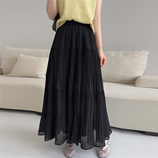 白色压褶半身裙女春夏新高腰超长款过膝齐踝大摆a字长裙气质慵懒，女装半身裙，缘衣格