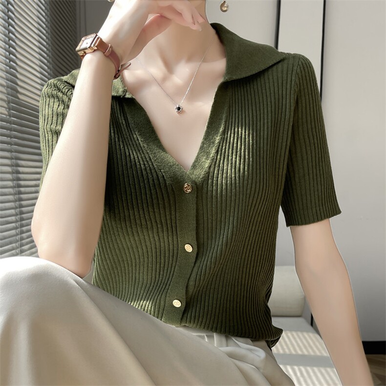 去有风的地方刘亦菲许红豆同款绿色v领针织衫女短袖修身气质上衣，女装针织衫/毛衣，雪真羊绒