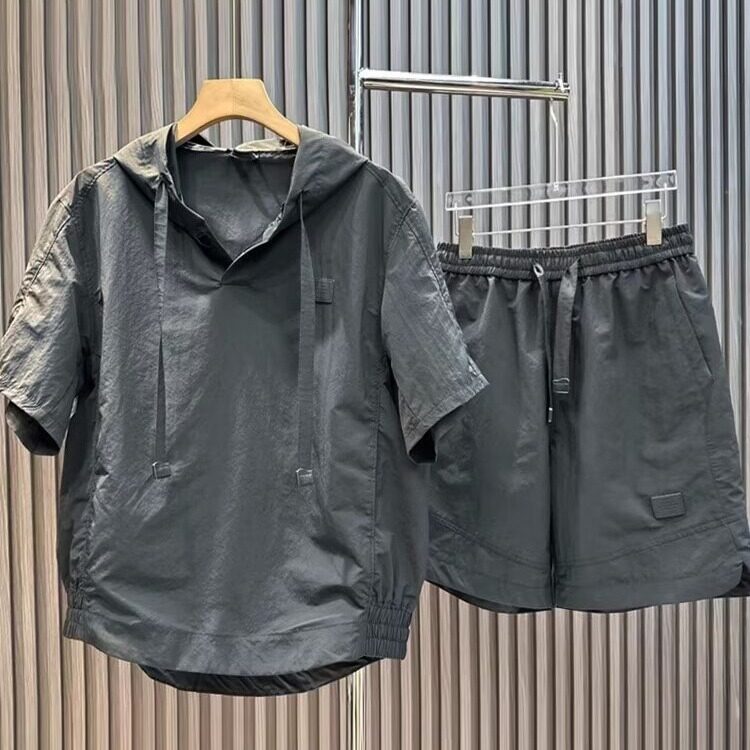 夏季轻薄透气纯色简约休闲连帽宽松两件套潮流男士套装短袖短裤,男装休闲套装,电商B212（原钱塘6029）
