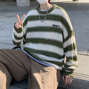 日系复古vintage条纹圆领毛衣男秋冬季情侣慵懒风宽松针织衫TW01图片